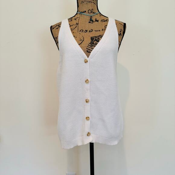 Loft Womens White Cotton Knit Sweater Tank V Neck Button Front Top Sz XXL - Picture 3 of 9